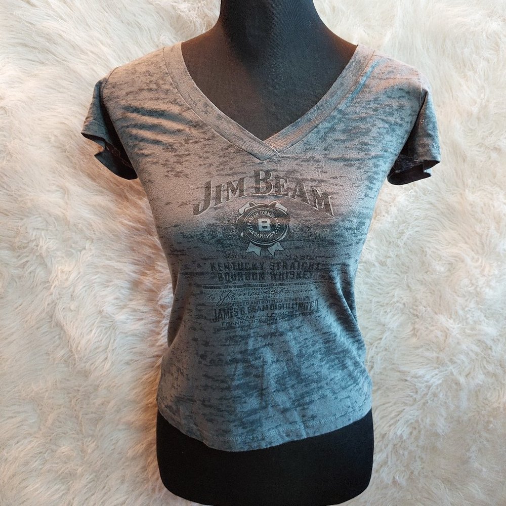 Jim Beam Women's Grey Distressed V-Neck T-Shirt Size S